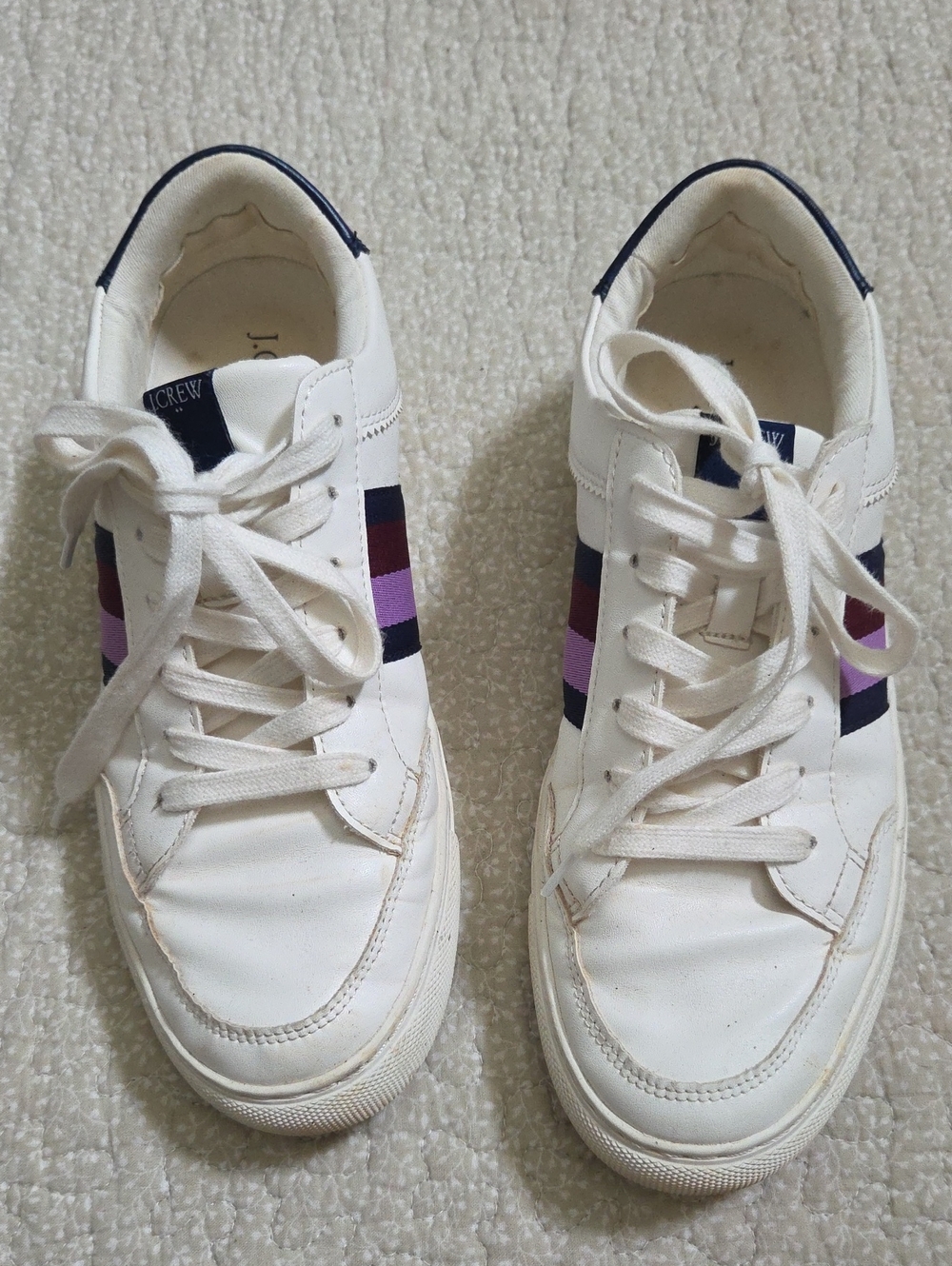 J. Crew White Leather Sneakers with Navy & Purple Stripe Accents 9.5